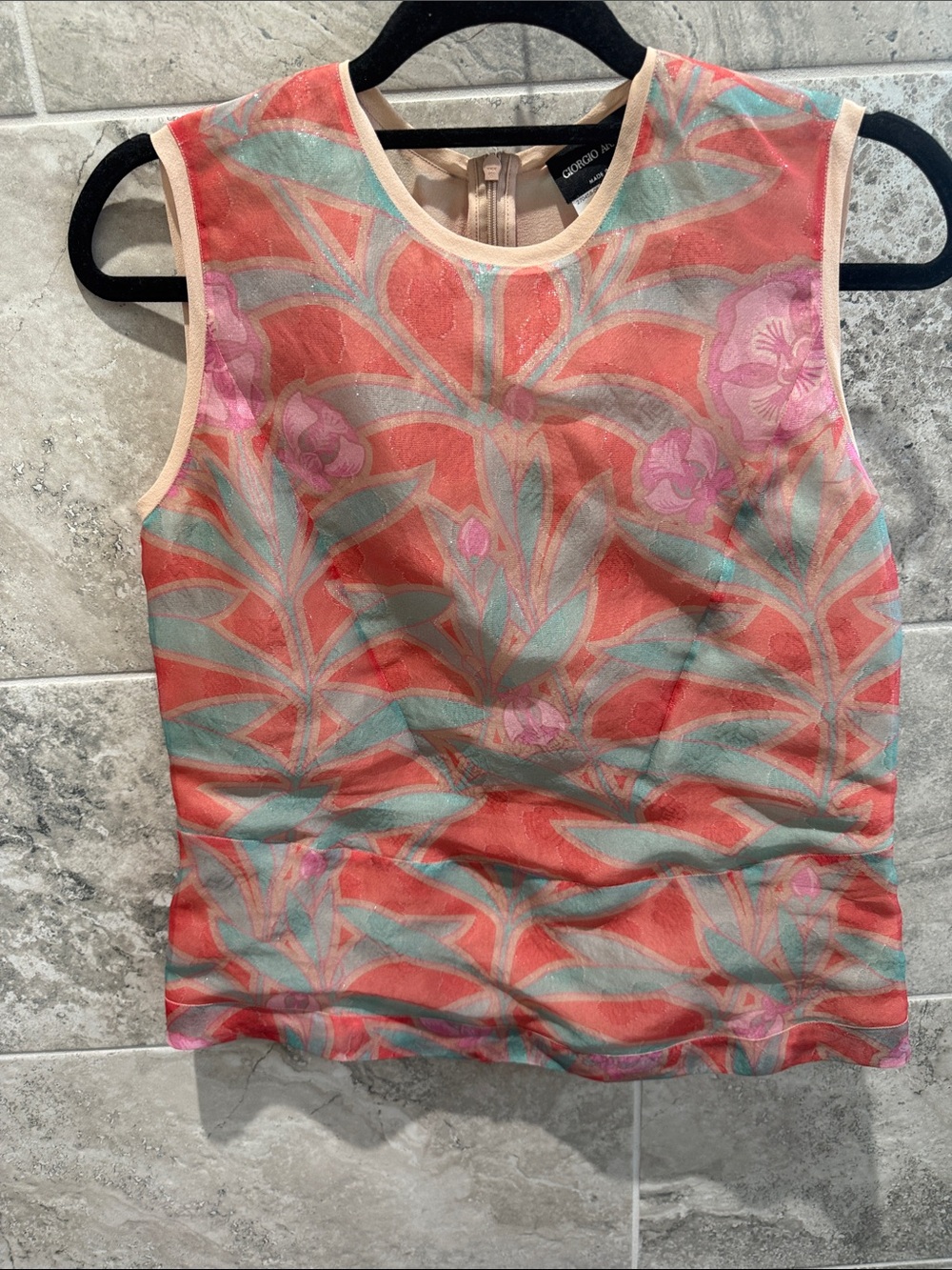 Giorgio Armani Vintage Silk Organza Peplum Floral Top Sheer Pink Blue